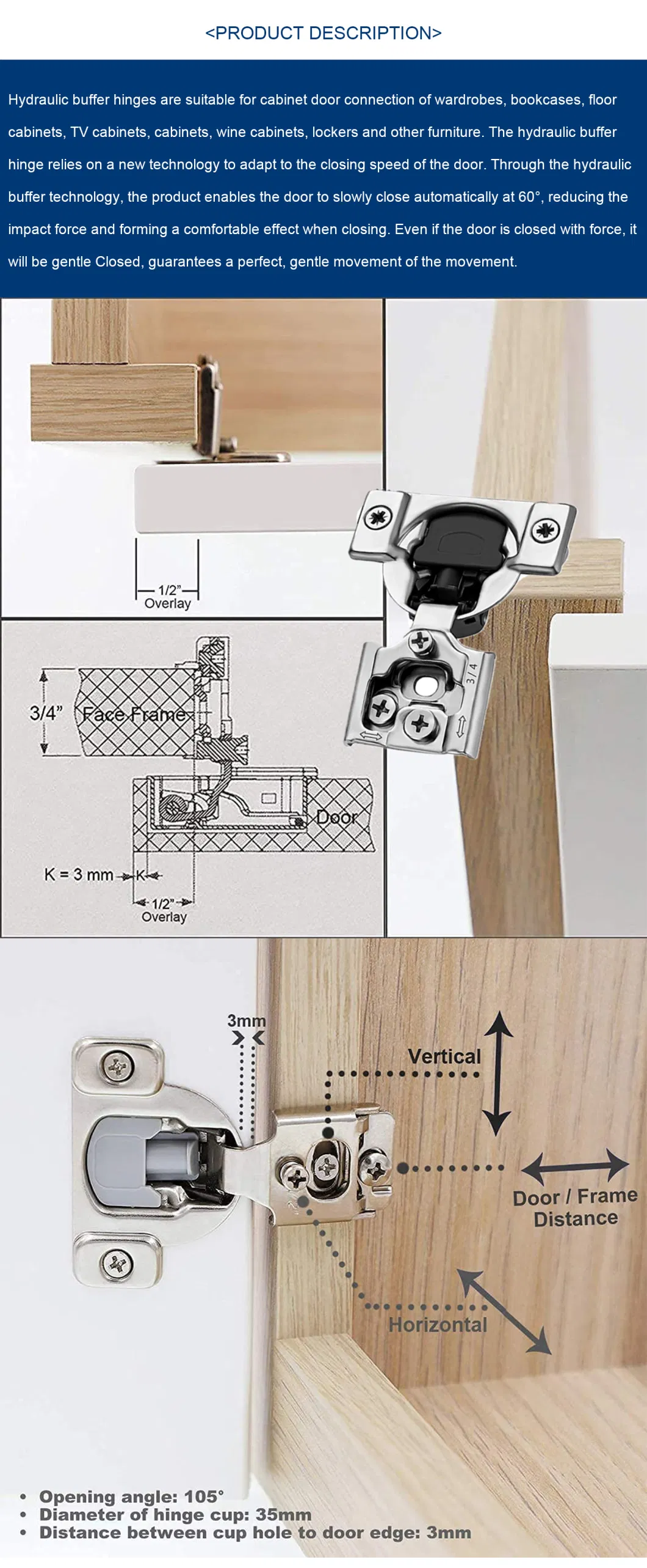 3 Way Adjustable Hidden Face Frame Kitchen Cabinet Door Hinge