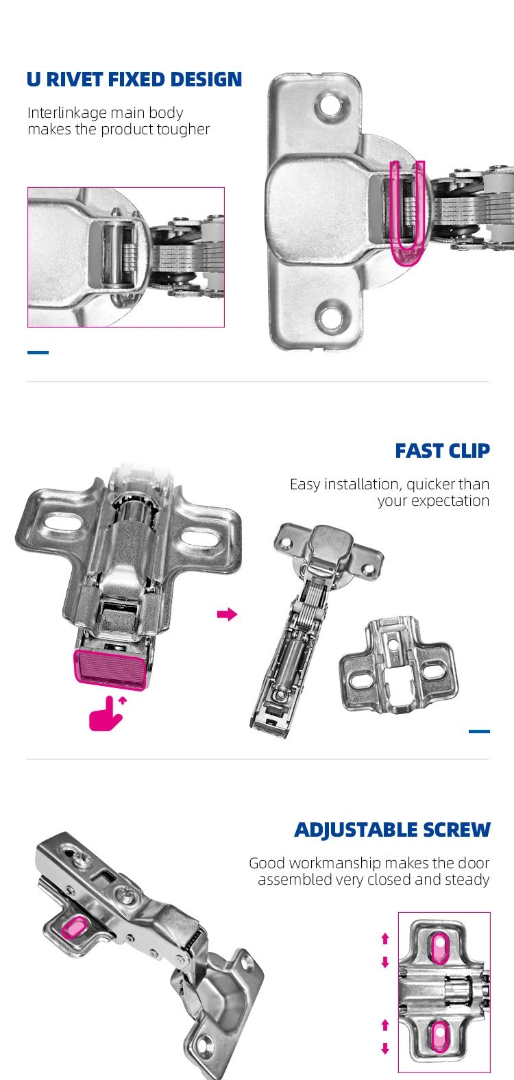 High-Strength Steel 1/2 Inch Overlay Soft Close Hinge Face Frame 3D Cabinet Door Hinges with Built-in Damper