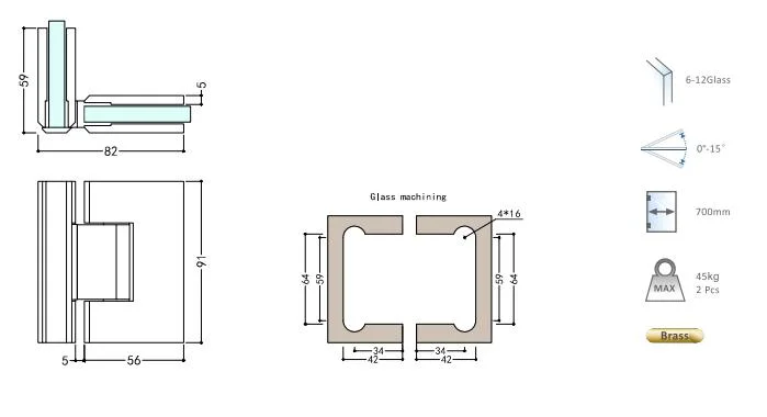 Heavy Duty 90 Degree Glass to Glass Hinge Custom Shower Door Made of Brass