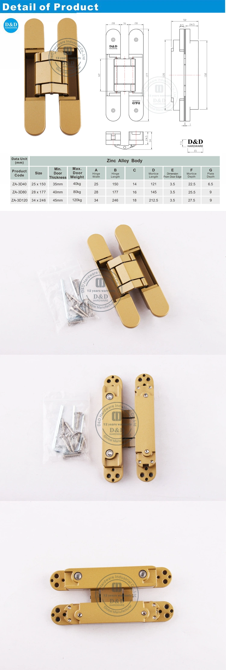 Hardware Fitting Euro 3D Adjustable Heavy Duty Concealed Invisible Hidden Door Hinge