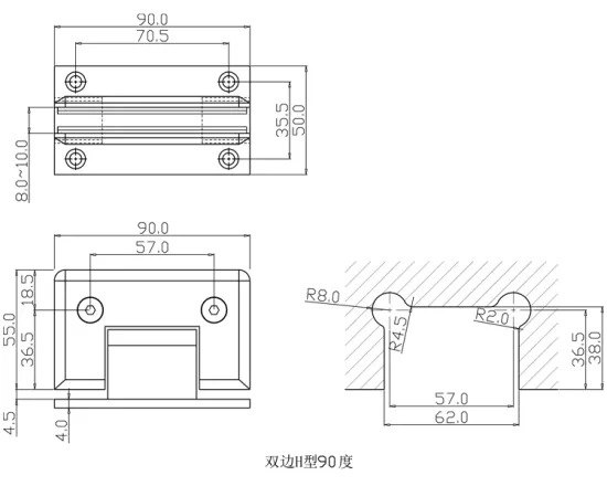 90 Degree Dobradica Stainless Steel Clip bathroom Hardware Glass Fitting Wall to Glass Hinge Shower Door Hinge with H Plate (ESH-301H)