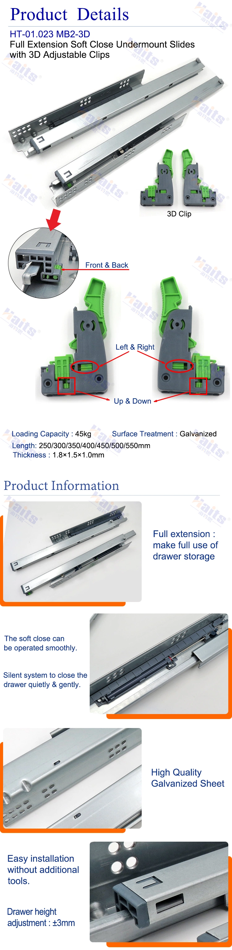 3-Fold Concealed Soft Close Slide with 3D Adjustable Clips